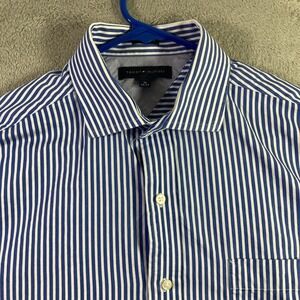 Tommy Hilfiger Shirt Men 16 32/33 Blue Striped Long Sleeve Preppy Casual Pockets